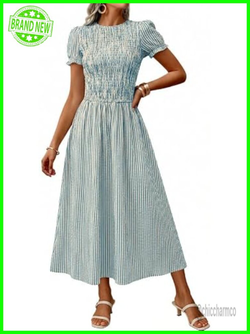 Women's Striped Smocked Midi Dress Puff Sleeve A-Line Boho - Picture 1 of 7